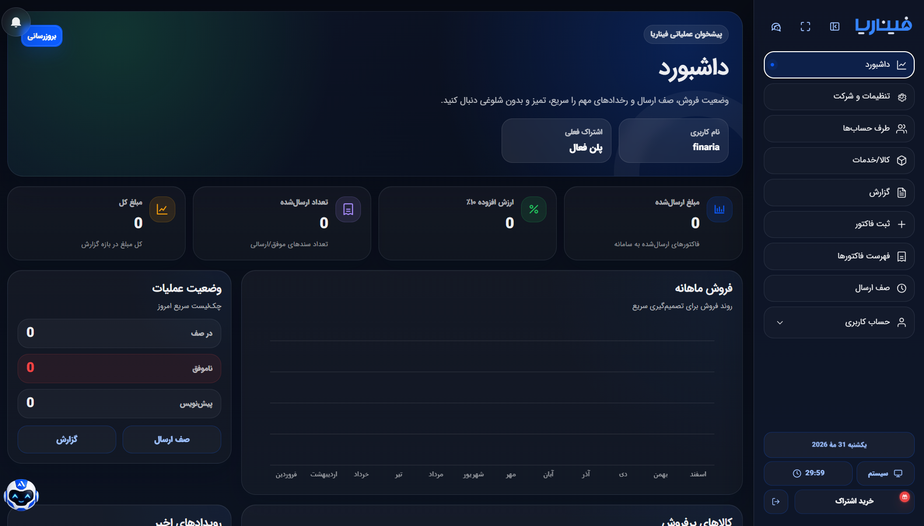 تصویر پنل ارسال فاکتور به سامانه مودیان در نرم افزار فیناریا